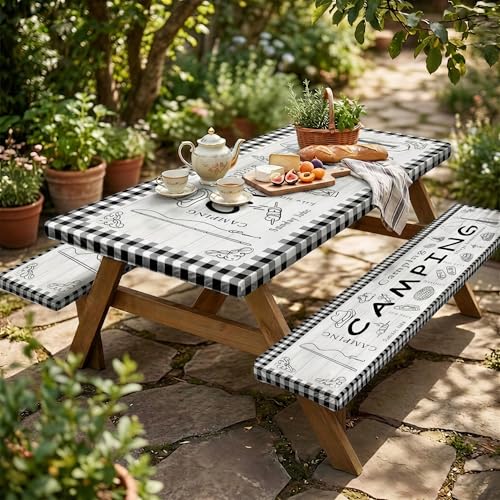Picnic Table Cover with Bench Covers Elastic Edges, Farm Plaid Fitted Table Cover, Outdoor Patio Camping Essentials 72 Inch 3PCS, Waterproof Camping Fitted Tablecloth with Drawstring Bag - color: Plaid, size: 72in