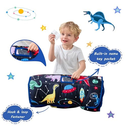 Lasoftan Toddler Nap Mat with Pillow and Blanket, Extra Large Rolled Napping Mats,Slumber Bags for Boys Girls,Kids Sleeping Bag for Daycare, Preschool Travel Camping - color: Space Dinosaur