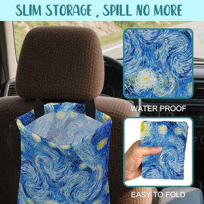 Car Garbage Bag Starry Night Hanging Canvas Car Trash Bag Waterproof Drawstring Car Back Seat Organizer for Car Back Front Seat Console with Adjustable Buckle - color: Starry Night