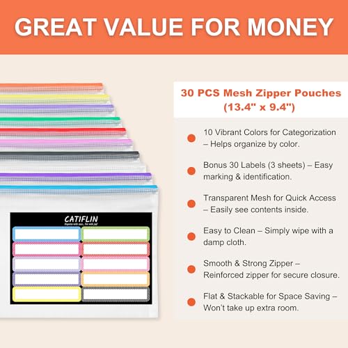 CATIFLIN 30 Pack Mesh Zipper Pouch Bags, A4 Letter Size, Clear Plastic Zip Bags for Board Game & Puzzle Storage, Waterproof & Durable Document Bags for Office, School, Travel, Art & Craft Supplies