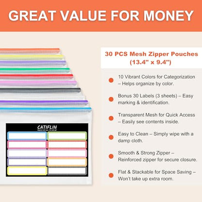 CATIFLIN 30 Pack Mesh Zipper Pouch Bags, A4 Letter Size, Clear Plastic Zip Bags for Board Game & Puzzle Storage, Waterproof & Durable Document Bags for Office, School, Travel, Art & Craft Supplies