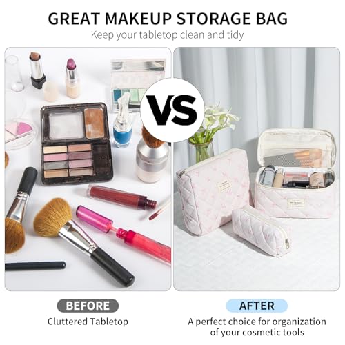 senbowe Floral Makeup Bag, 3 Pack Large Cotton Quilted Makeup Bag Set, Cute Floral Coquette Aesthetic Toiletry Bag Make Up Cosmetic Bag for Women, Toiletry Travel Make Up Organizer Bag - color: Light Pink Bow