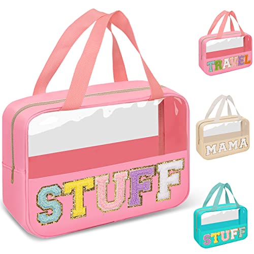 Preppy Clear Stuff Makeup Bags with Chenille Letter Patches, Travel Essentials Large Clear Make up Bag Zipper Pouch with Handle, Waterproof Nylon Cosmetic Toiletry Storage Tote for Women (STUFF-Pink) - color: STUFF-Pink