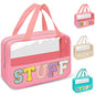 Preppy Clear Stuff Makeup Bags with Chenille Letter Patches, Travel Essentials Large Clear Make up Bag Zipper Pouch with Handle, Waterproof Nylon Cosmetic Toiletry Storage Tote for Women (STUFF-Pink) - color: STUFF-Pink