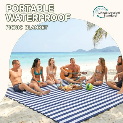 Genovega Waterproof Sandproof Beach Blanket Picnic Outdoor Mat Rug Extra Large Foldable Sand Free Big Giant XL Towel Car Essential Roadtrip Gadget Rv Accessories Gear Must Have Hiking Item Necessities - color: Stripe Navy