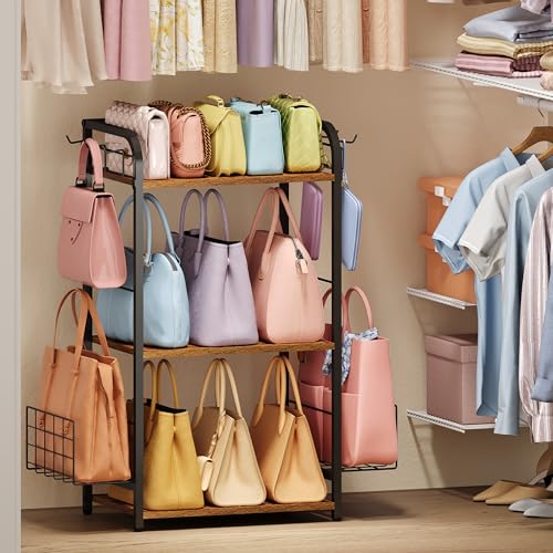 Iron & Wood Floor-Standing 3-Tier Purse Rack with Adjustable Feet, High-Capacity Bag Organizer for Closet, Patent Pending - color: Black, size: 3-Tier
