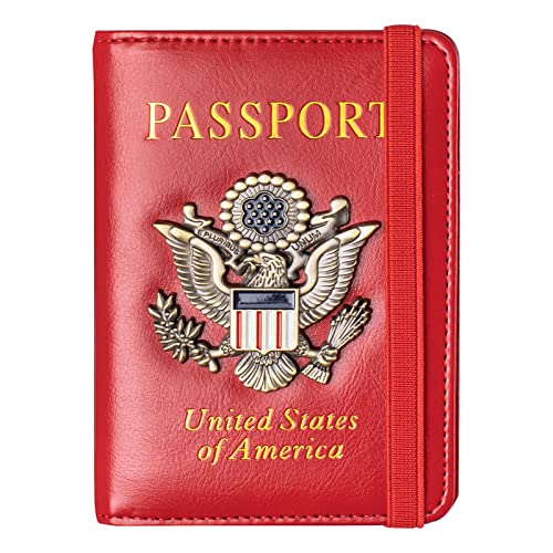 Passport Holder Cover and Card Case Slot Combo RFID Blocking Leather Travel Passport Wallet for Men and Women US Passport Protector Document Organizer,Bright Red - color: Bright Red