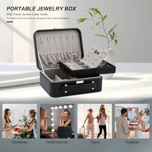 Travel Jewelry Box Jewelry Storage Case Jewelry Suitcase for Women and Men 2 Layer Jewelry Organizer Box with Removable Tray (Black) - color: Black-2