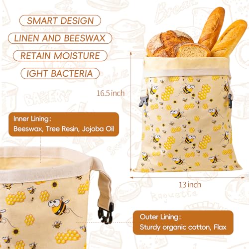 2 Pack Beeswax Bread Bags for Sourdough, Reusable Cotton Linen Bread Storage Bags for Homemade Bread, XL 17'' x 13'', Roll-Up Closure, Freezer Safe - color: Regular Buckle
