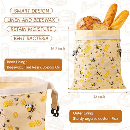 2 Pack Beeswax Bread Bags for Sourdough, Reusable Cotton Linen Bread Storage Bags for Homemade Bread, XL 17'' x 13'', Roll-Up Closure, Freezer Safe - color: Regular Buckle