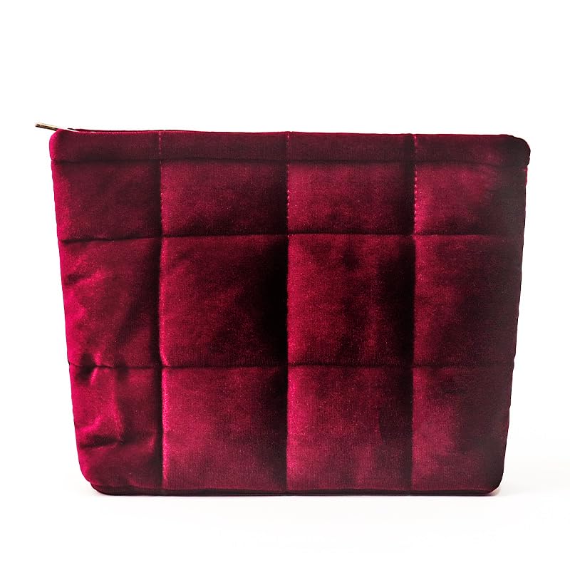 Puffy Quilted Makeup Bag, Cosmetic Bag, Travel Toiletry Organizer Pouch, Clutch for Women(Wine Red - Velvet) - color: Wine Red - Velvet