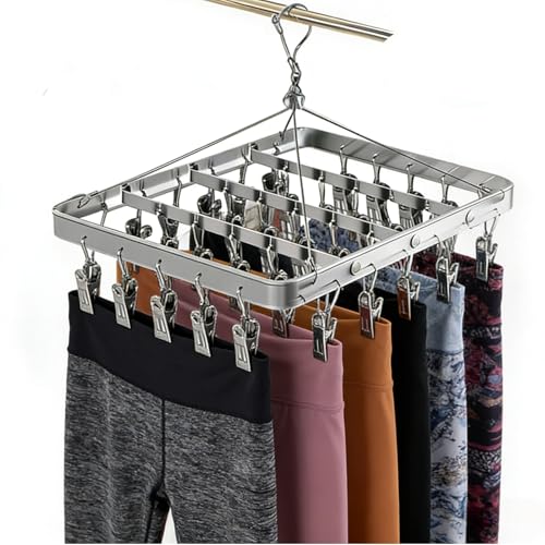 Pants Hanger Clothes Drying Racks Clip Hangers Metal with 36 Clips Windproof Hook Underwear Hanger Foldable Laundry Clip for Socks Bras (Silver) - color: Silver
