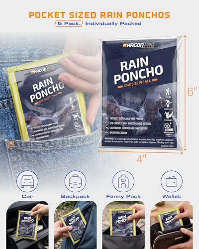 Hagon PRO Disposable Rain Ponchos for Adults (5 Pack) - color: Yellow (5 Pack)