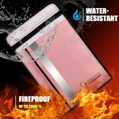 ROLOWAY Fireproof Document Bag (15 x 11 inch) with 2 Pockets & Waterproof Zipper, Fireproof Money Bag, Fire Safe Bag with Reflective Strip, Fireproof Envelope for Cash, Legal Documents Safe (Pink) - size: 15 x 11 inch, style: Fireproof Bag (Lovey Rose)