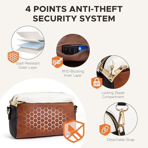 Anti Theft Crossbody Bag for Women, Slash-resistant RFID Blocking Travel Purses, Small Shoulder Bag Handbag - color: Brown Beige Black