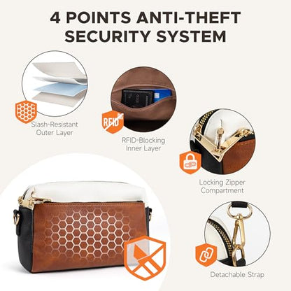 Anti Theft Crossbody Bag for Women, Slash-resistant RFID Blocking Travel Purses, Small Shoulder Bag Handbag - color: Brown Beige Black