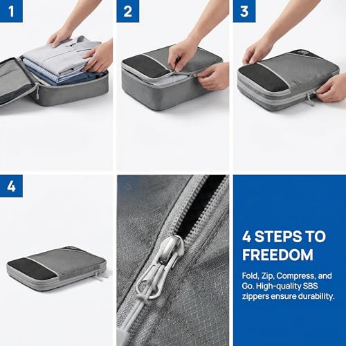 6Pcs Compression Packing Cubes Set, Waterproof Travel Luggage Organizer with Drawstring Bag, Lightweight Nylon Suitcase Storage Bags for Travel Camping Business Trip - color: Dark blue