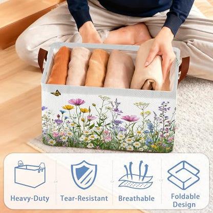 Wildflowers Butterfly Storage Baskets,Garden Herb Flower Foldable Large Capacity Organizer Bins with Waterproof Lining and Leather Handles for Closet,Shelf,Bedroom 17x11.5x10Inch - color: Wildflowers Butterfly Garden Herb Flower