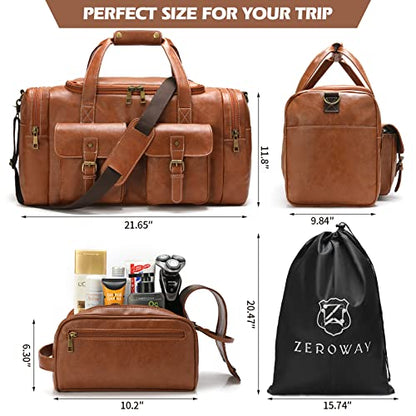 Zeroway PU Leather Travel Duffel Bag with Toiletry Dopp Kit and Laundry Bag, Weekender Overnight bag Luggage Carry-On Bag with Shoe Pouch for Men or Women Brown - color: Brown-travel set