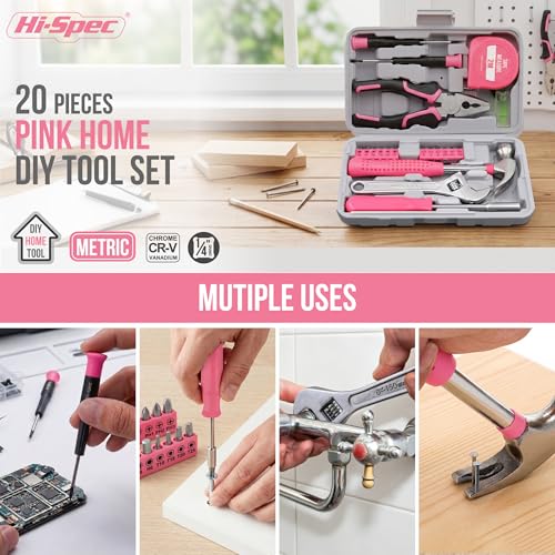 Hi-Spec Pink Tool Set 20-Piece. Ladies’ Starter Basic Hand Tools in a Compact Toolbox Case for Household and Office Repairs and Maintenance. - color: Light Pink