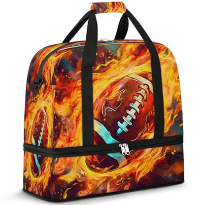 Travel Duffel Bag Football Fire Weekender Bag with Shoe Compartment Foldable Overnight Bags for Travel Sports Lightweight Gym Bags for Men Women - color: Football Fire