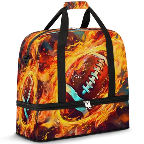 Travel Duffel Bag Football Fire Weekender Bag with Shoe Compartment Foldable Overnight Bags for Travel Sports Lightweight Gym Bags for Men Women - color: Football Fire
