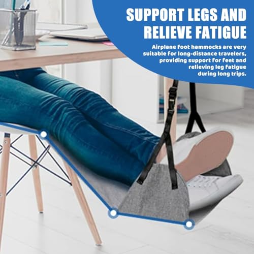 Portable Airplane Foot Hammock, Hardened Plastic Plate at The Bottom, Height Adjustable Feet Rest for Plane Travel, Office, Desk, Bus, Train, Long Trip (Gray)