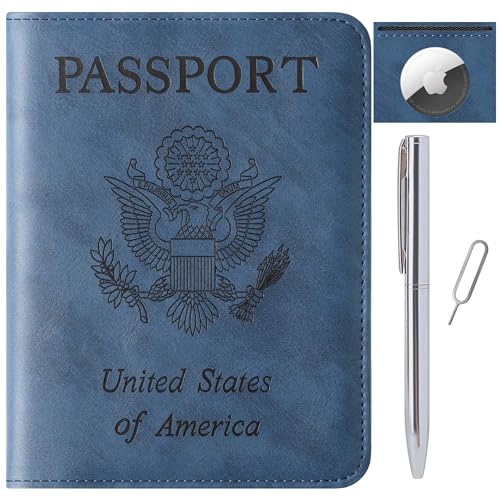 Airtag Passport Holder for Travel Essentials Wallet Rfid Blocking Cover Leather Case Vacation Travel Accessories for Women Men (601#Blue) - color: 601#Blue, style: For Airtag