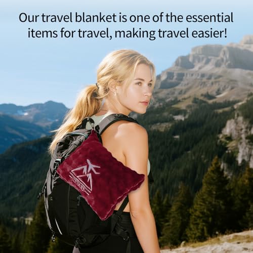 Travel Blanket and Pillow-2-in-1, Ultra-Soft&Compact,Airplane Blanket with Hand Luggage Belt and Backpack Clip,Travelers Accessories Gifts, 61x43 Inches（Burgundy） - color: Burgundy