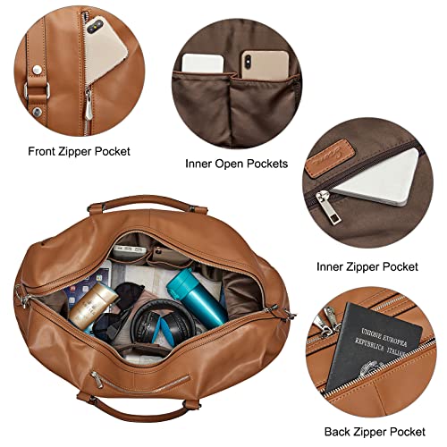 S-ZONE Genuine Leather Women Travel Duffle Weekender Overnight Weekend Carry on Shoulder Tote Bag - color: C-Genuine Leather Brown