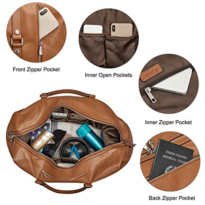 S-ZONE Genuine Leather Women Travel Duffle Weekender Overnight Weekend Carry on Shoulder Tote Bag - color: C-Genuine Leather Brown