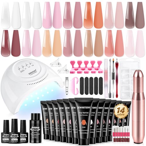 JEWHITENY 14 pcs Poly Gel Nail Extension Kit With Drill Machine U V Nail Light ALL In One Polygel Starter Kit - color: A06