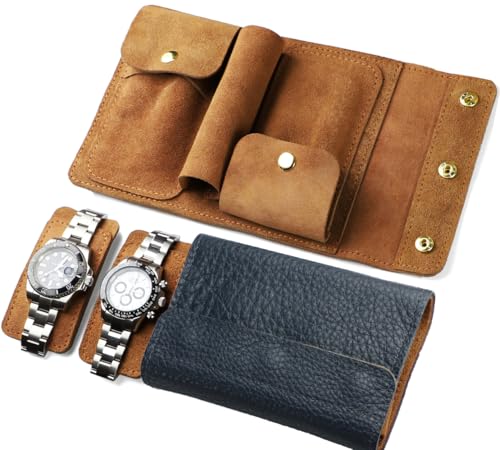 2 Slots Portable Travel Watch Box Vegetable Tanned Milled Leather Double Watch Case Pouch Watch Holder Organizer Storage Jewelry Wristwatch Roll Secure Storage Durable Easy Carry On Navy - color: 2 slots style navy