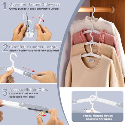 6 Pack Fodable Travel Hangers with Clips & Adjustable Clothesline, Portable Collapsible Hangers with Storage Bag for Suitcase, Hotel, RV, Cruise Essentials Set (Grey) - color: Gray