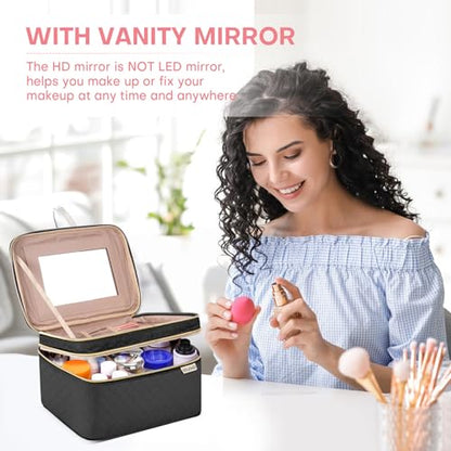 HXLGMD Large Makeup Bag with Mirror Double Layer Travel Make Up Organizer Case, Large Capacity Coemetic Bag with Brush Slot Divider - color: Black