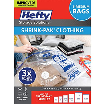 Hefty Shrink-Pak Vacuum Storage Bags - Space Saver for Under Bed Storage, Clothing and Comforters, 3X More Storage Space, 6 Medium Zipper Bags - style: 6 Medium / Clothing