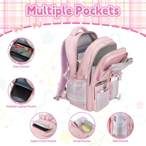 Girls Backpack with Lunch Box Set, 5pc Pink Cute Kawaii Bookbag for Teens, Aesthetic School Backpack for Elementary - color: Pink