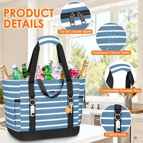 Cooler Bag Insulated, Soft Side Cooler, Reusable Grocery Bags with Zipper Closure, Thermal Leakproof Large Insulated Tote Bag for Hot/Cold Food for Grocery, Beach, Travel, Picnic - color: Gray Blue and White