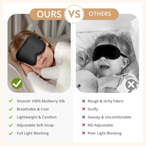 Kids Sleep Mask, 100% Real Mulberry Silk Eye Mask, Sleeping Mask for Kids with Adjustable Elastic Band, Soft & Light Blocking Eye Cover Gift for Boys Girls Teens Age 5+ (Black) - color: Black