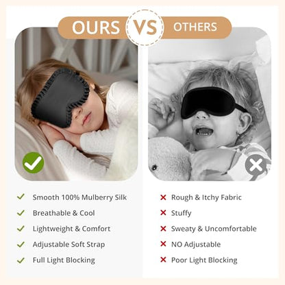 Kids Sleep Mask, 100% Real Mulberry Silk Eye Mask, Sleeping Mask for Kids with Adjustable Elastic Band, Soft & Light Blocking Eye Cover Gift for Boys Girls Teens Age 5+ (Black) - color: Black