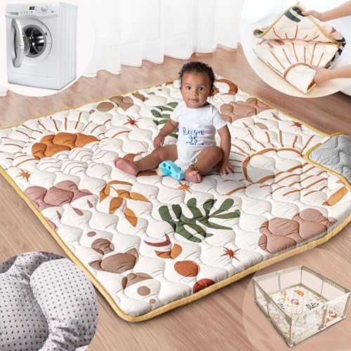 Baby Play Mat, 50x50 Playpen Mat with Super Soft Touch, Activity Mat with Upgraded Anti-Slip Bottom, Machine Washable Crawling Mat for Floor & Picnic(Boho Nature) - color: Boho Nature, size: 50''*50''
