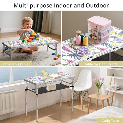 Anbte 3ft Folding Camping Table with Storage Net & Bag, 3 Adjustable Height Max 27.5" Outdoor Folding Table Lightweight, Portable Handle for Outdoor Indoor Camping Beach RV Picnic, Blooming Floral - color: Spring Blossom