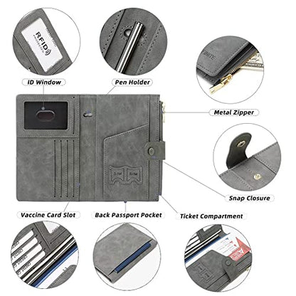 Mudono Passport and Card Holder for Women RFID Blocking Card Case Slim Travel Wallet Change Purse with Vaccine Card Slot - color: Blue