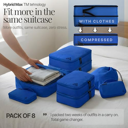 Well Traveled 8 pcs Compression Packing Bags Cubes Set with HybridMax Double-Capacity Design - Packing Cubes for Travel Compression to Maximize Limited Luggage Space, Blue - color: Blue, size: 8-piece
