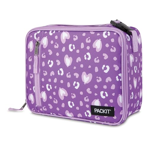 PackIt Freezable Classic Lunch Box, Leopard Hearts Purple, Built with EcoFreeze Technology, Collapsible, Reusable, Zip Closure With Front Pocket and Buckle Handle, Designed for Fresh Lunch On the Go - color: Leopard Hearts Purple