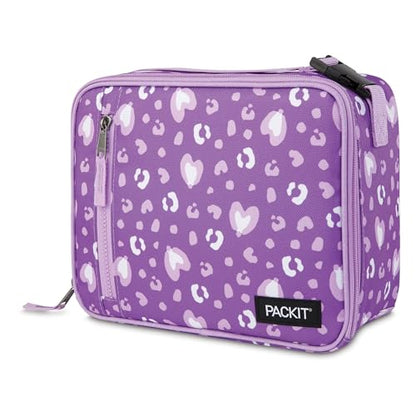 PackIt Freezable Classic Lunch Box, Leopard Hearts Purple, Built with EcoFreeze Technology, Collapsible, Reusable, Zip Closure With Front Pocket and Buckle Handle, Designed for Fresh Lunch On the Go - color: Leopard Hearts Purple