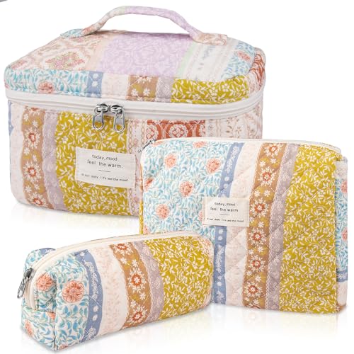 Gosect Quilted Makeup Bag Set, Large Floral Cosmetic Bag for Women, Cute Cotton Makeup Bag, Flower Travel Toiletry Organizer Bag(Color-Coded Floral) - color: Bee