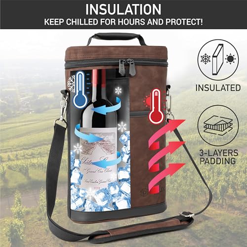 opux 2 Bottle Wine Carrier Tote, Insulated Leakproof Wine Cooler Bag, Wine Travel Bag for Picnic BYOB Beach, Portable Wine Bottle Carrying Case, Gift for Wine Lover Women Men Christmas, Brown Leather - color: Rustic Brown