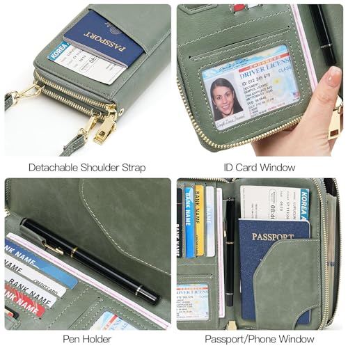 GOIACII Passport Wallet Travel Crossbody Bags for Women Wristlet Phone Purse Double Zip Vegan Leather Green - color: A05 Green