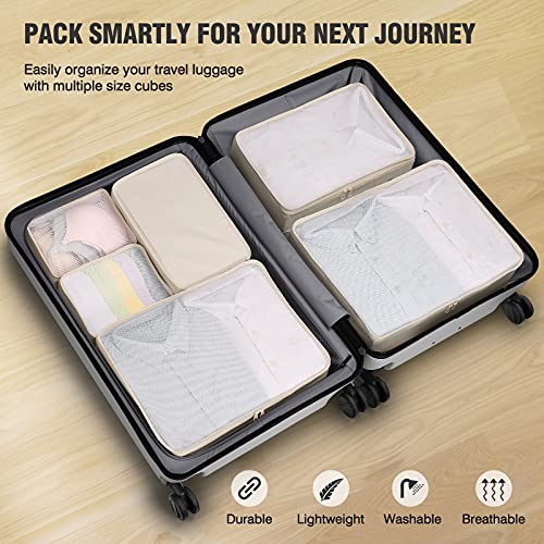 Mossio 6 Set Packing Cubes with Shoe Bag - Lightweight Travel Luggage Suitcase Organizers - color: Beige